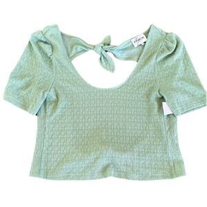 FRNCH Paris Women's Green Crop Top Open Tie Back Short Sleeve Vacation XS NWOT